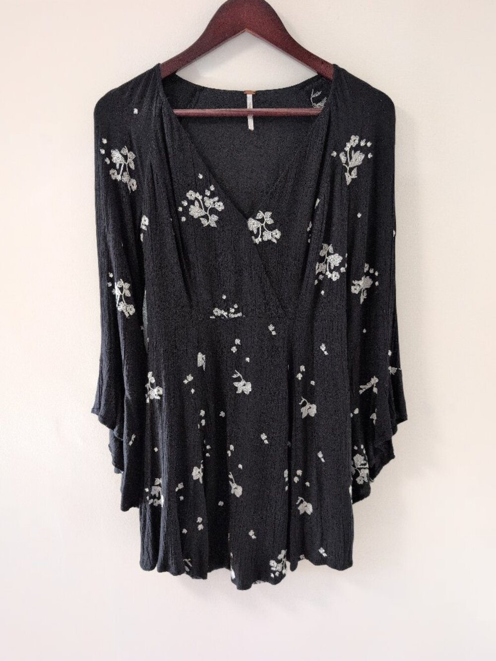 Free People Black and White Floral Mini Dress with Bell Cuffs Size 2